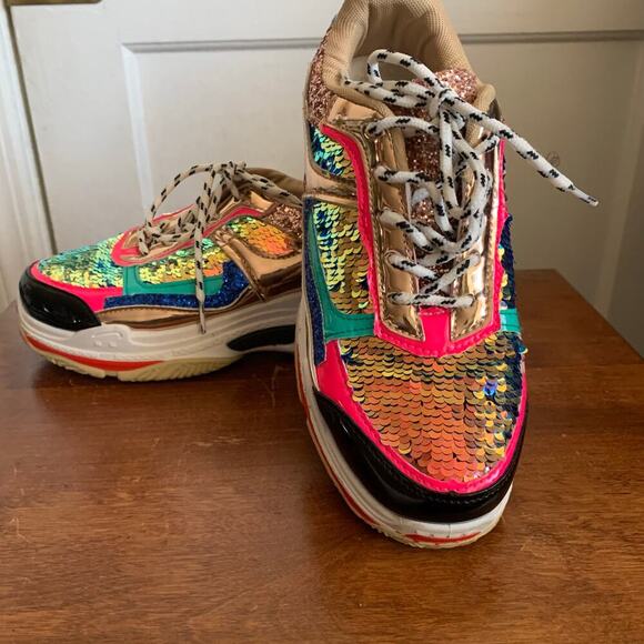 Fashion Nova Multicolor Sequined Glitter Patent Leather Sneakers Size 5 - Picture 6 of 13